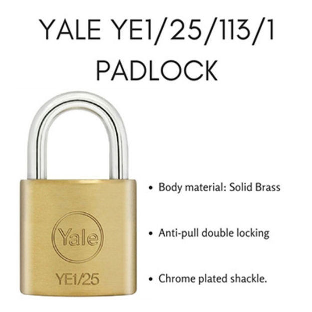 Picture of Yale YE1/25/113/1, Essential Series Indoor Brass Padlock 25mm, YE1251131